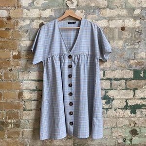Blue Plaid Babydoll Dress with Oversized Buttons